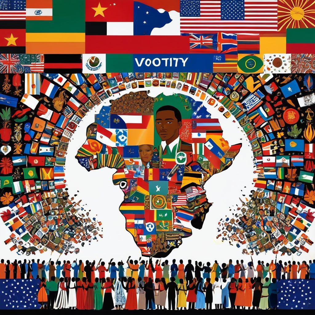A vibrant collage showcasing diverse cultural symbols and traditional attire from around the world, intertwined with imagery of people engaging in community activities like voting and volunteering. The background features a large, waving flag symbolizing unity, and bright colorful elements representing various cultures. Super-realistic. Vibrant colors. 3D.