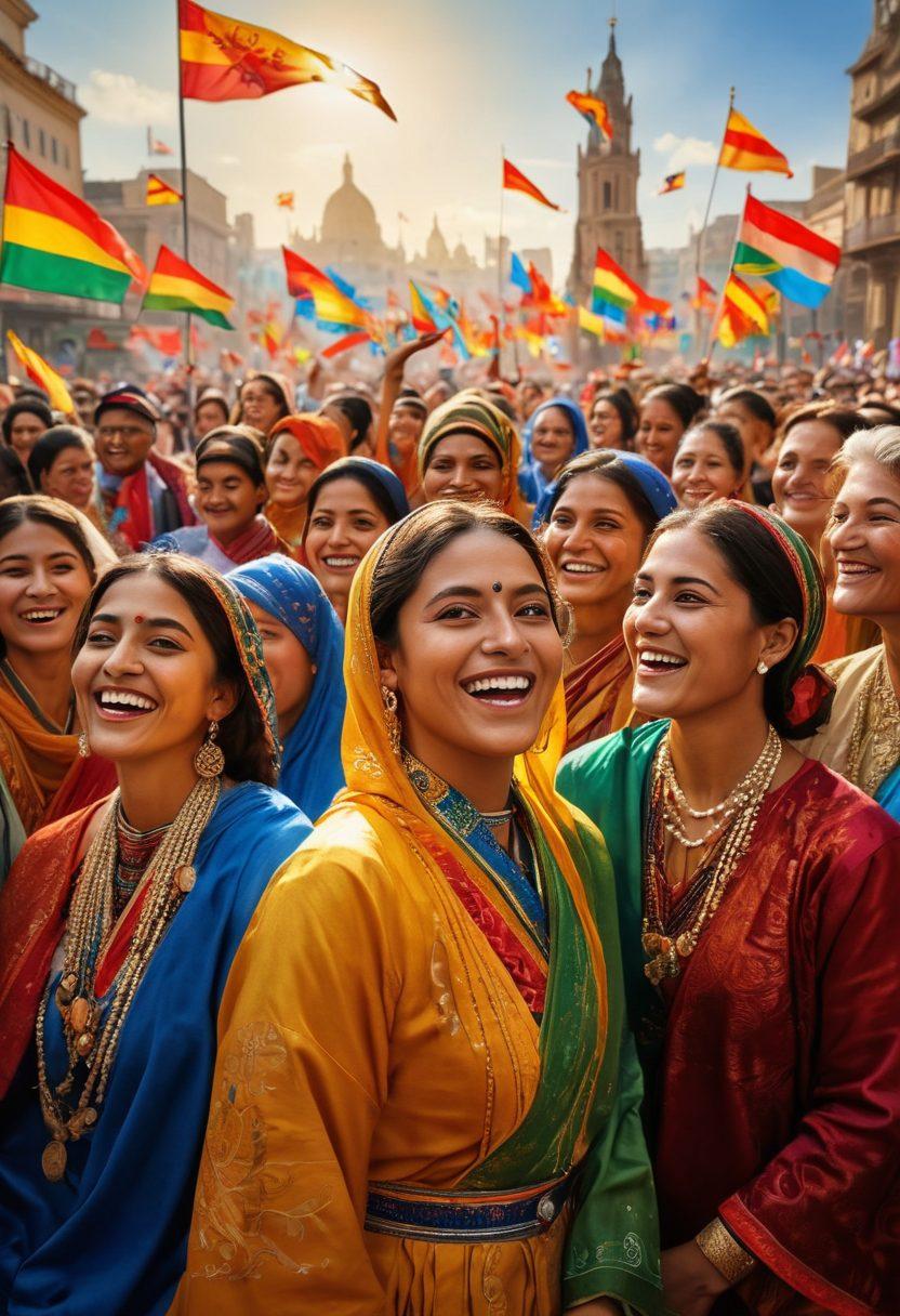 A diverse group of people from different cultural backgrounds celebrating their heritage, with traditional attire and symbols of patriotism like flags and community emblems. In the background, iconic landmarks representative of different cultures and community gatherings with joyful expressions. Warm sunlight illuminating the scene, creating a sense of unity and strength. vibrant colors. super-realistic.